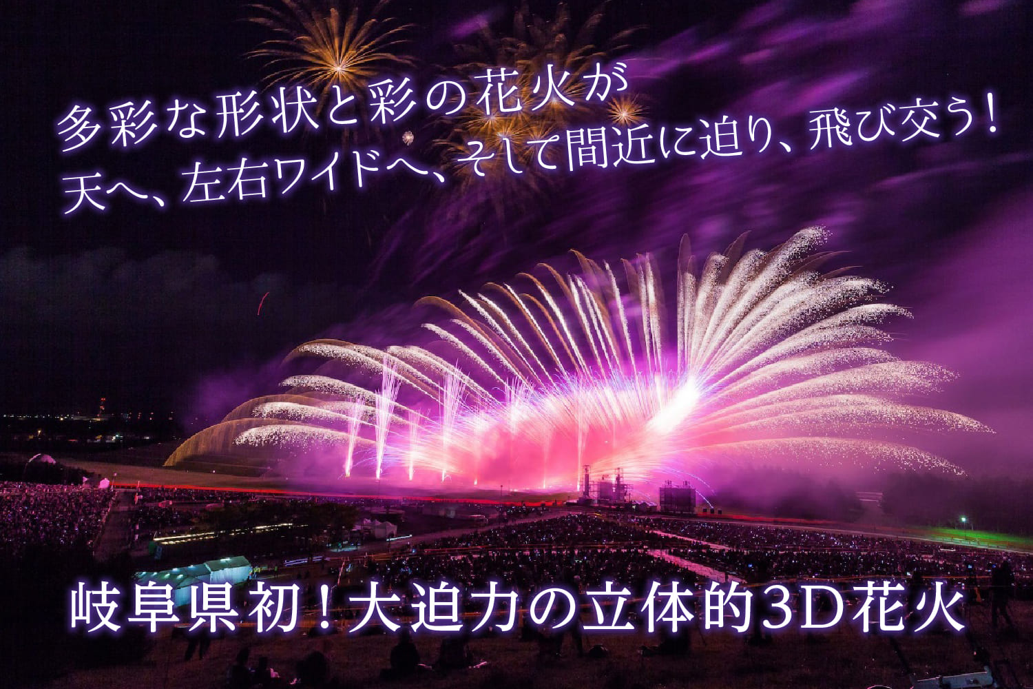 色とりどりの花火が天へ！横へ！奥へと飛び交う！ 岐阜県初！大迫力の超立体的3D花火